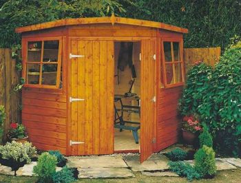Corner Shed Double Doors Tongue and Groove Garden Shed Workshop Approx 7 x 7 Feet - Honey Brown Timber Basecoat