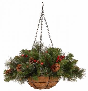 Crestwood Spruce 20" Hanging Basket Cones,Berries,Glitter