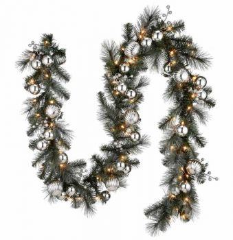 Frosted Silver Pine 9ft x 12" Garland 70 W/W with Berries/B