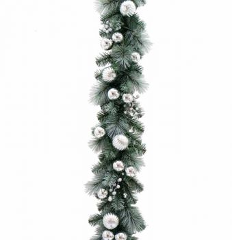 Frosted Silver Pine 9ft x 12" Garland Silver Balls