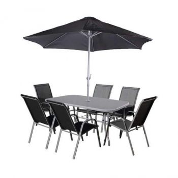 RIO 6 Seater Set - 140C80CM Black glass table, 6 x stacking textilene armchairs including parasol