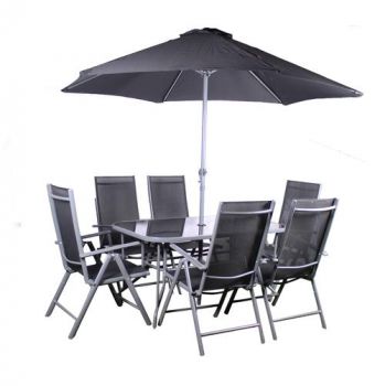 RIO 6 Seater Set - 140C80CM Black glass table, 6 x recliner textilene armchairs including parasol