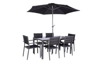 Sorrento 6 seater Set - 150x90cm Black glass table, 6 x padded chairs including parasol