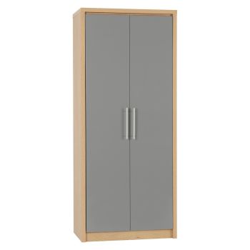 Seville 2 Door Wardrobe - L47 x W180 x H76 cm - Grey High Gloss/Light Oak
