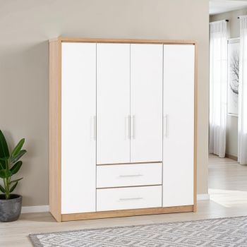 Seville 4 Door 2 Drawer Wardrobe - L47 x W179.5 x H148.5 cm - White High Gloss/Light Oak