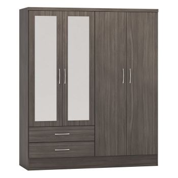 Nevada 4 Door 2 Drawer Mirrored Wardrobe - L52 x W182.5 x H154 cm - Black Wood Grain