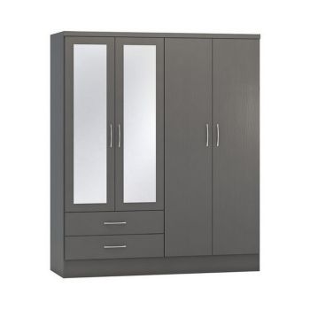 Nevada 4 Door 2 Drawer Mirrored Wardrobe - L52 x W154 x H182.5 cm - 3D Effect Grey