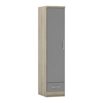 Nevada 1 Door 1 Drawer Wardrobe - L52 x W40 x H182.5 cm - Grey Gloss/Light Oak Effect Veneer
