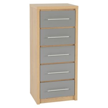 Seville 5 Drawer Narrow Chest of Drawers - L39.5 x W110.5 x H47 cm - Grey High Gloss/Light Oak