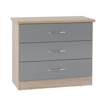 Nevada 3 Drawer Chest - L40 x W81 x H70.5 cm - Grey Gloss/Light Oak Effect Veneer