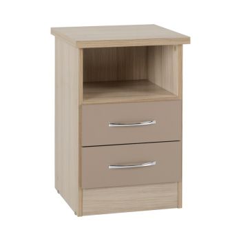 Nevada 2 Drawer Bedside - L40 x W40 x H61 cm - Oyster Gloss/Light Oak Effect Veneer
