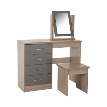 Nevada 4 Drawer Dressing Table Set - Grey Gloss/Light Oak Effect Veneer