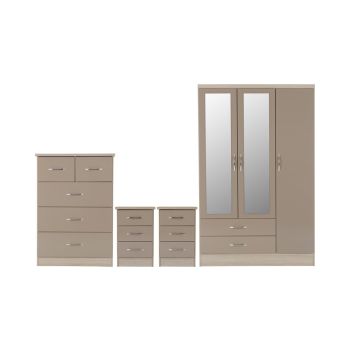 Nevada 3 Door 2 Drawer Mirrored Wardrobe Bedroom Set - Oyster Gloss/Light Oak Effect Veneer