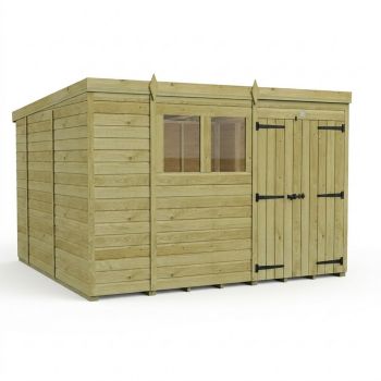 10ft x 10ft Pent Garden Shed Double Door With Windows - Pressure Treated Timber - L305 x W305 x H210 cm - Natural