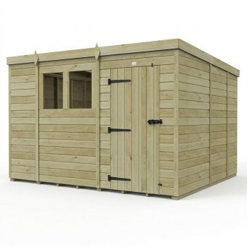 10ft x 9ft Pent Garden Shed Single Door With Windows - Pressure Treated Timber - L305 x W274 x H210 cm - Natural