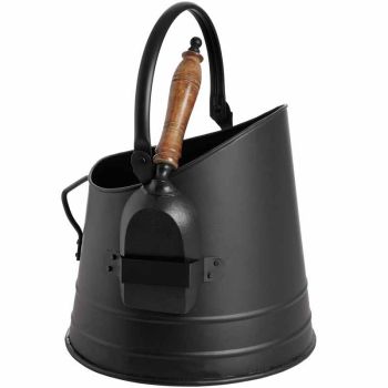 Coal Bucket with Teak Handle Shovel - Steel - L22 x W25 x H28 cm - Black