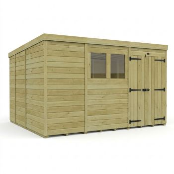 11ft x 9ft Pent Garden Shed Double Door With Windows - Pressure Treated Timber - L335 x W274 x H210 cm - Natural
