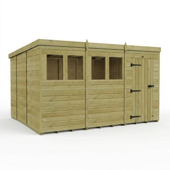 12ft x 10ft Pent Garden Shed Single Door With Windows - Pressure Treated Timber - L366 x W305 x H210 cm - Natural