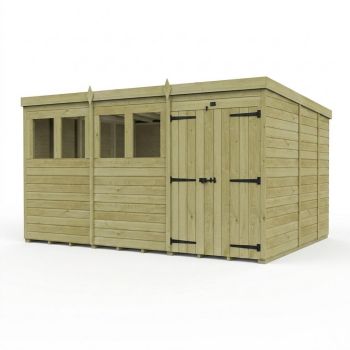 12ft x 9ft Pent Garden Shed Double Door With Windows - Pressure Treated Timber - L366 x W274 x H210 cm - Natural