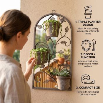 69cm Wall Mirror with Triple Planter - L15 x W33 x H69 cm