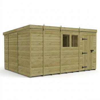 13ft x 10ft Pent Garden Shed Single Door With Windows - Pressure Treated Timber - L396 x W305 x H210 cm - Natural