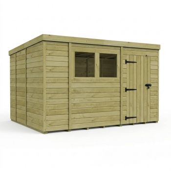 13ft x 9ft Pent Garden Shed Single Door With Windows - Pressure Treated Timber - L396 x W274 x H210 cm - Natural