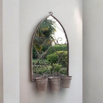 Rusty Wall Mirror with Triple Planter - Distressed Metal - L15 x W45 x H73 cm