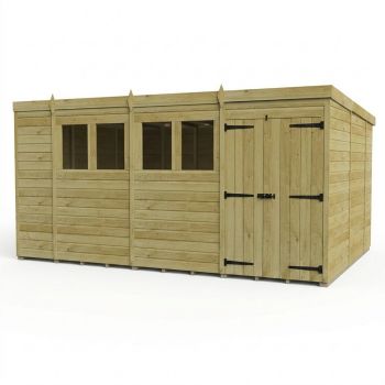14ft x 10ft Pent Garden Shed Double Door With Windows - Pressure Treated Timber - L427 x W305 x H210 cm - Natural