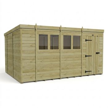 14ft x 10ft Pent Garden Shed Single Door With Windows - Pressure Treated Timber - L427 x W305 x H210 cm - Natural