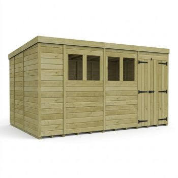 14ft x 9ft Pent Garden Shed Double Door With Windows - Pressure Treated Timber - L427 x W274 x H210 cm - Natural