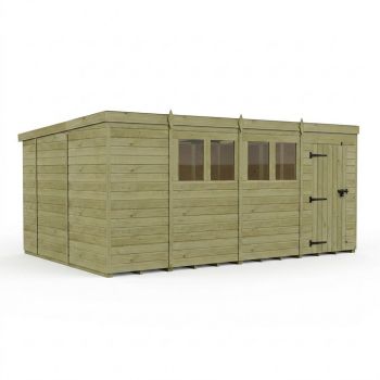15ft x 10ft Pent Garden Shed Single Door With Windows - Pressure Treated Timber - L457 x W305 x H210 cm - Natural