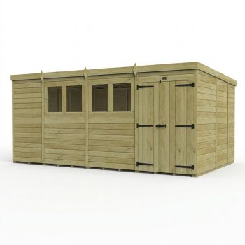 15ft x 9ft Pent Garden Shed Double Door With Windows - Pressure Treated Timber - L457 x W274 x H210 cm - Natural