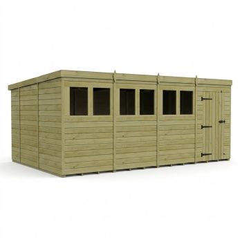 16ft x 10ft Pent Garden Shed Single Door With Windows - Pressure Treated Timber - L488 x W305 x H210 cm - Natural