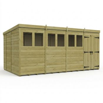 16ft x 9ft Pent Garden Shed Double Door With Windows - Pressure Treated Timber - L488 x W274 x H210 cm - Natural