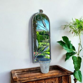 Wall Mirror with Single Planter - Distressed Metal - L15 x W20 x H65 cm