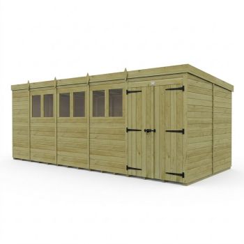 19ft x 10ft Pent Garden Shed Double Door With Windows - Pressure Treated Timber - L579 x W305 x H210 cm - Natural