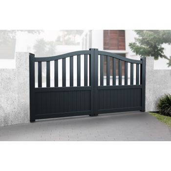 Double Swing Gate 3750x2200mm Black - Partial Privacy Driveway Gate with Vertical Solid Infill and Bell-Curved Top