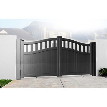 Double Swing Gate 3250x2200mm Black - Vertical Solid Infill and Bell-Curved Top Full Privacy Driveway Gate
