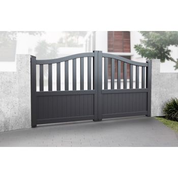 Double Swing Gate 3000x1600mm Grey - Partial Privacy Driveway Gate with Vertical Solid Infill and Bell-Curved Top