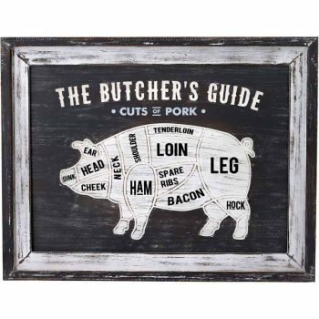 Butchers Cuts Pork Wall Plaque - Wood - L3 x W58 x H45 cm - Grey/White