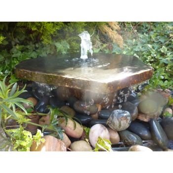 Basalt Slab Water Feature - Plinth with Pump, Light, Reservoir and Grid - 40-45cm Dia x 14cm H