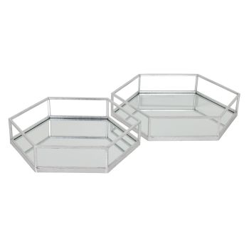 Hexagon Set of Two Trays - Glass/Metal - L43 x W50 x H9 cm - Silver
