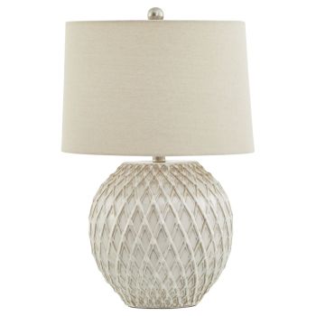 Lattice Table Lamp with Linen Shade - Ceramic - L38 x W38 x H58 cm - Neutral Cream