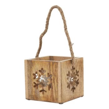 Natural Wooden Snowflake Tealight Candle Holder - Glass - L14 x W14 x H14 cm - Brown