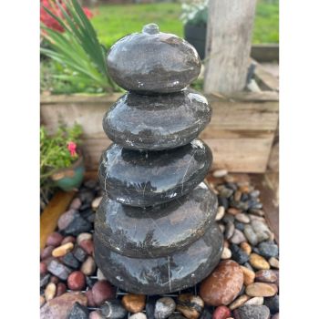 Set of Stacked Polished Pebbles Water Feature with Pump, Light, Reservoir and Grid - L45 x W35 x H76 cm - 5pcs/Set - Black Limestone