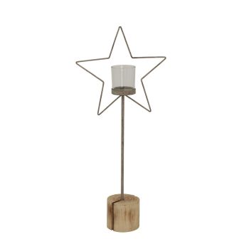 Large Natural Rustic Star on Wood Stand with Glass Votive - L10 x W26 x H61 cm - Brown