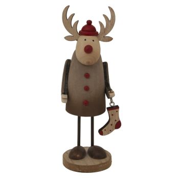 Rustic Rudolf with Stocking Decoration - Metal - L6 x W6 x H19 cm - Brown
