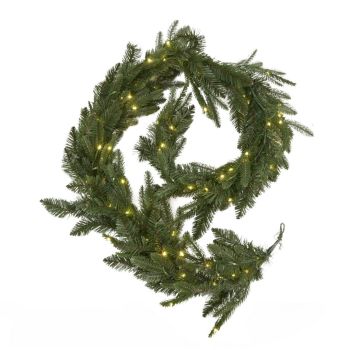 Green Pre-Lit Woodland 200 Led Fir Christmas Garland - Plastic - L12 x W12 x H180 cm - Green