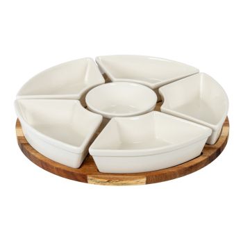 Acacia Lazy Susan Serving Board including Ceramic Serving Bowls - L29 x W29 x H4 cm - Brown