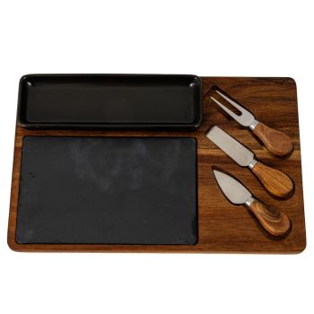 Acacia Cheese Board Set with Black Bowl, Slate and Cutlery - L23 x W36 x H4 cm - Brown